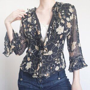Vintage Y2K silk black & neutral tones frilly floral blouse with ruffles